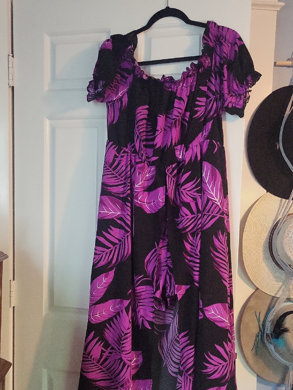 Black Maxi Dress with Bold Purple Leaf Print